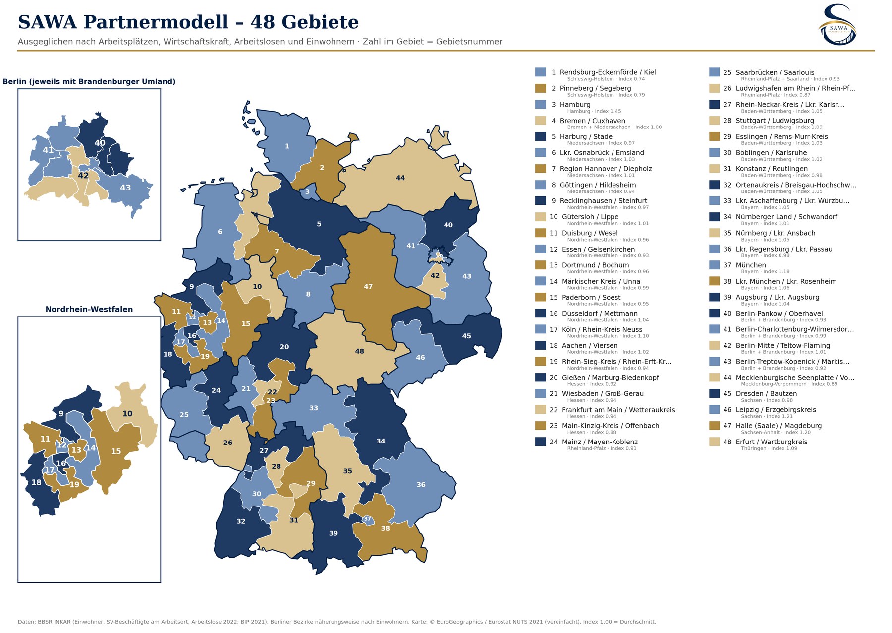 SAWA Partnermodell – Karte der 48 Partnerregionen in Deutschland
